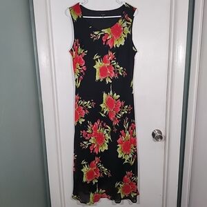 SI Collection Sz 14 Black Sleeveless Dress Pullover Lined Maxi Midi Red Floral